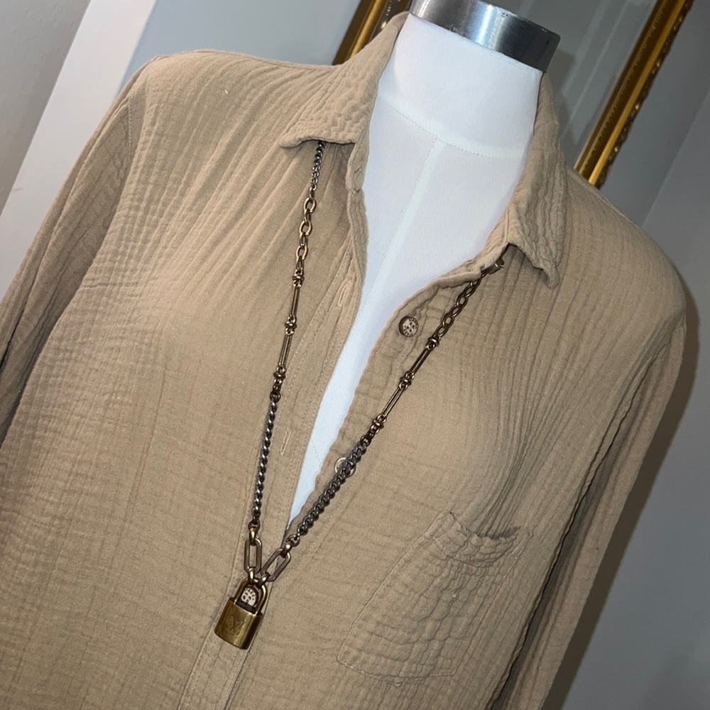 Stark gauze long button down tan large dress. 100% cotton - Picture 2 of 9